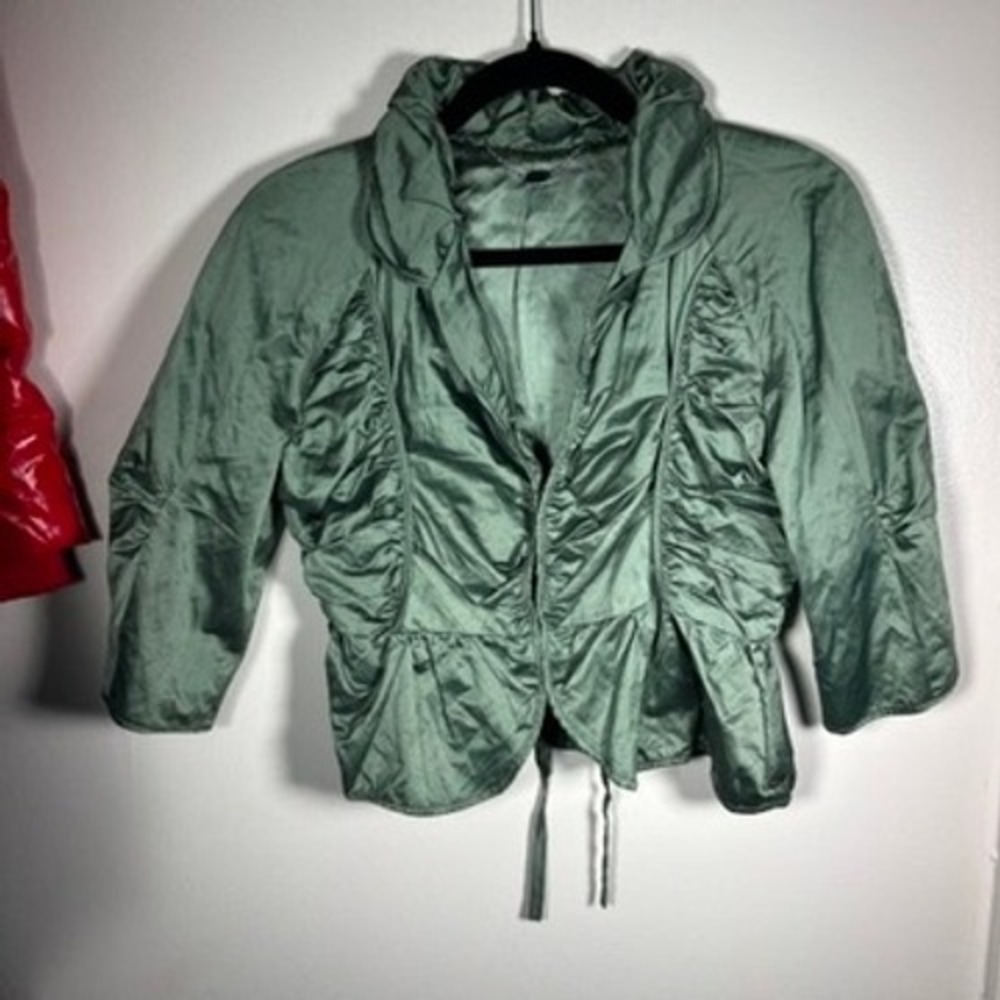 Vintage Y2K Regencycore Jacket Womens Sz 4 Green Ruched Peplum Shimmer Front Tie